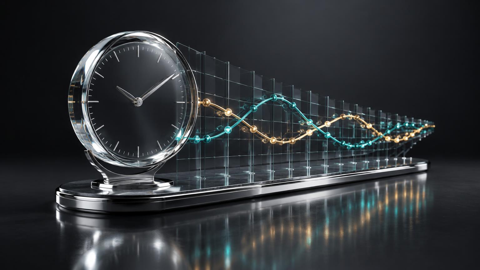 Illustration of a precision clock beside dimensional forecasting curves