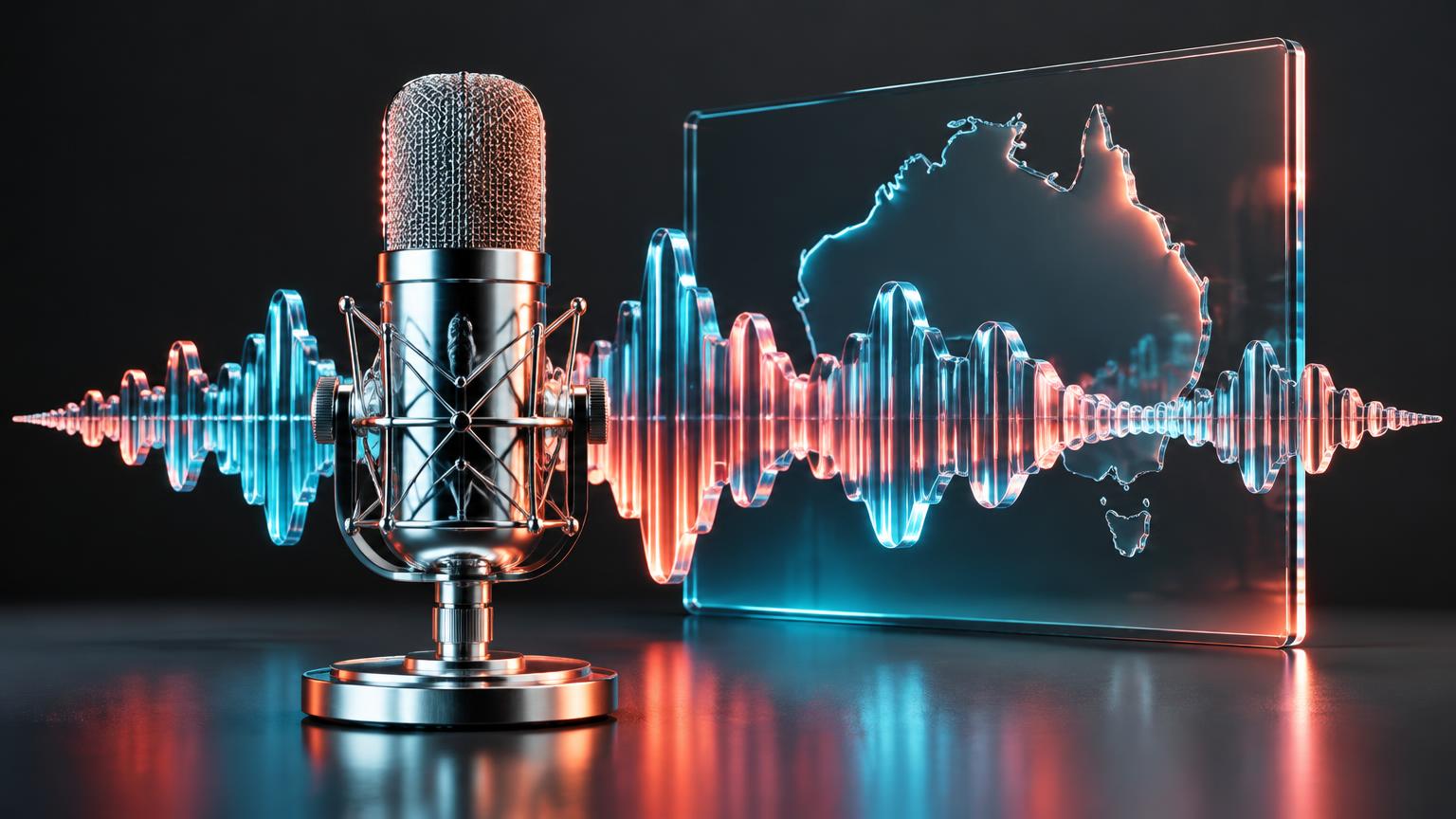 Illustration of a chrome microphone and glass soundwaves over an Australian map