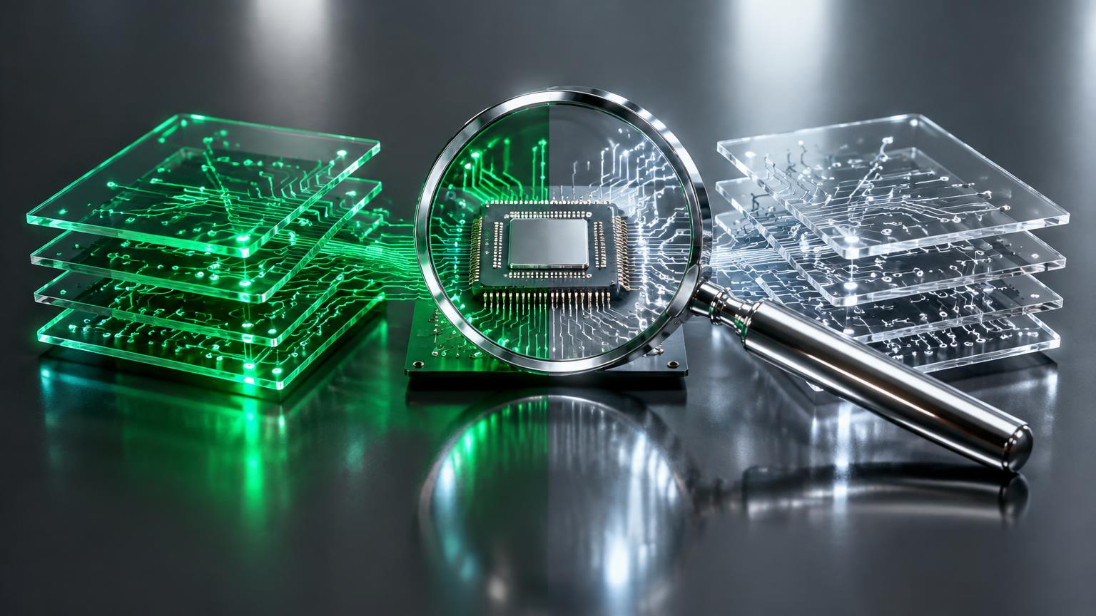 Illustration of a precision lens inspecting chip circuitry
