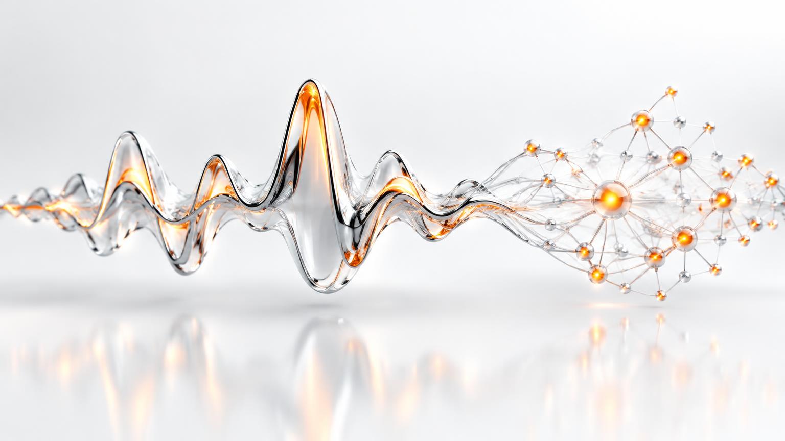 Illustration of a chrome audio waveform flowing into a glowing neural network